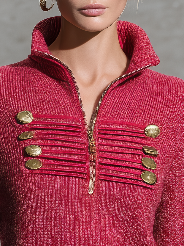 Ingrid-Olive | Women's Military-Inspired Knit Top with Gold Half-Zip