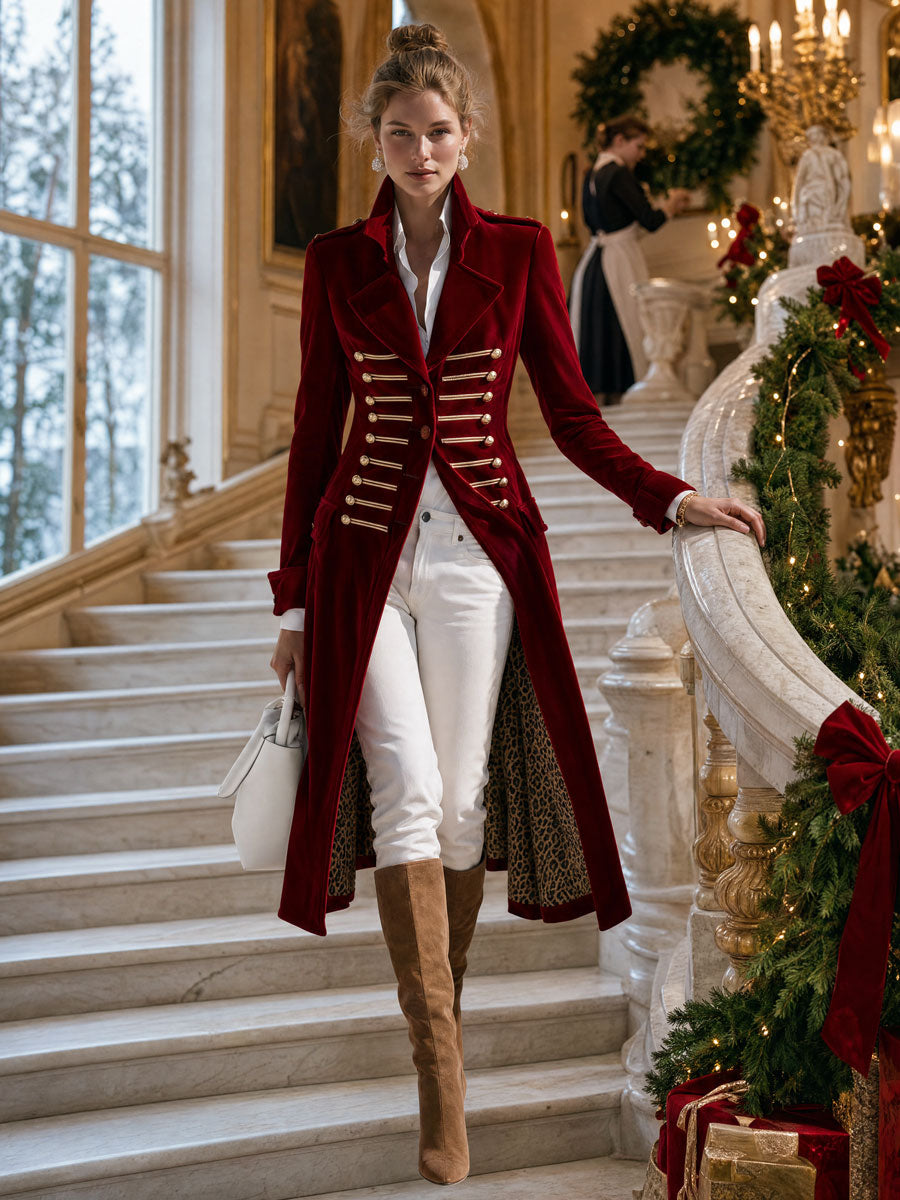 Celeste-Valerie | Women's Military-Style Velvet Trench Coat