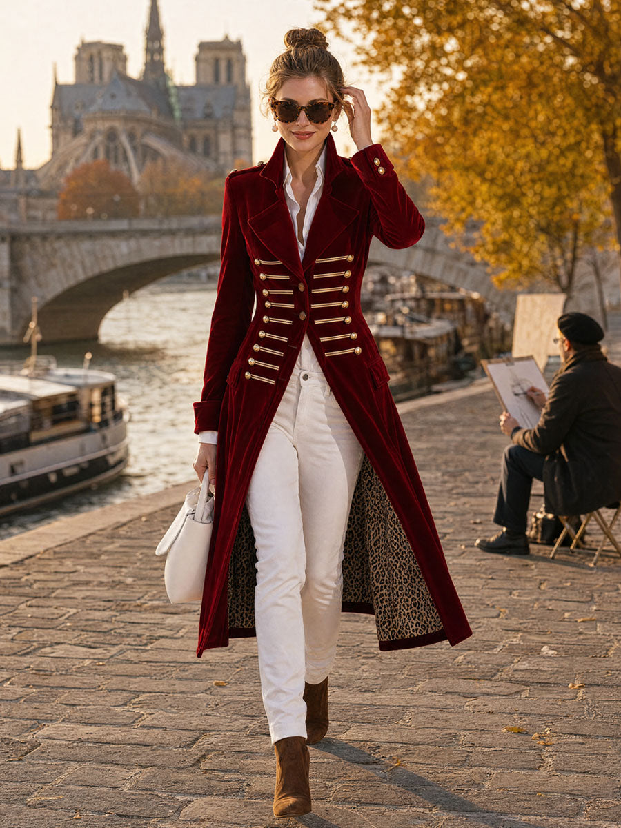 Celeste-Valerie | Women's Military-Style Velvet Trench Coat