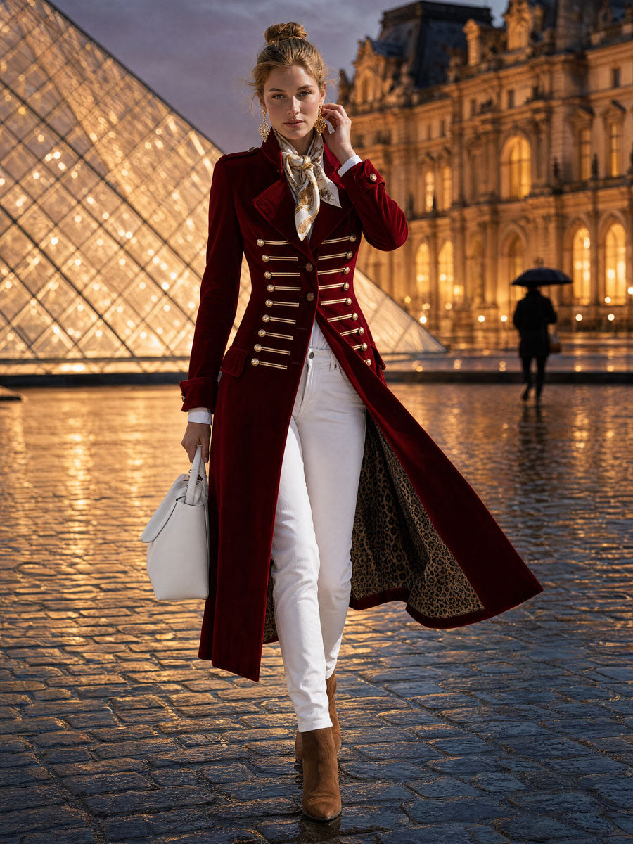 Celeste-Valerie | Women's Military-Style Velvet Trench Coat