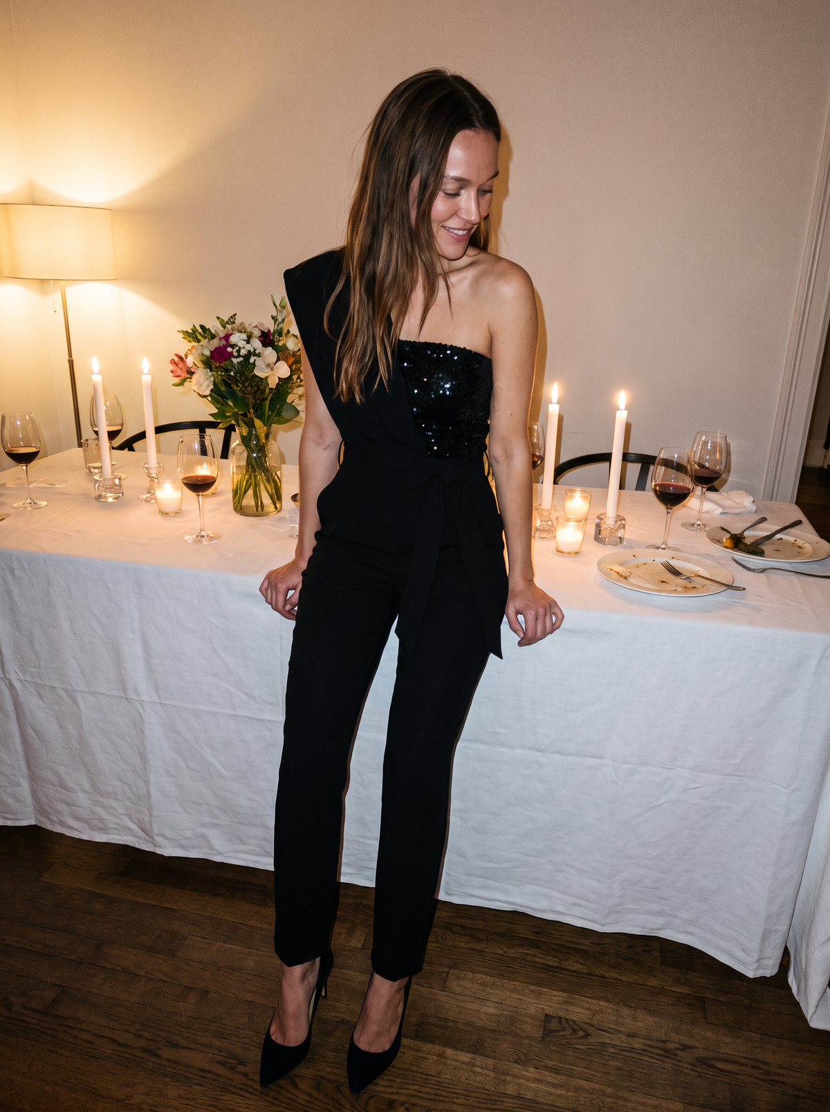 Veronica-Madeline | Women's One-Shoulder Textured Evening Jumpsuit