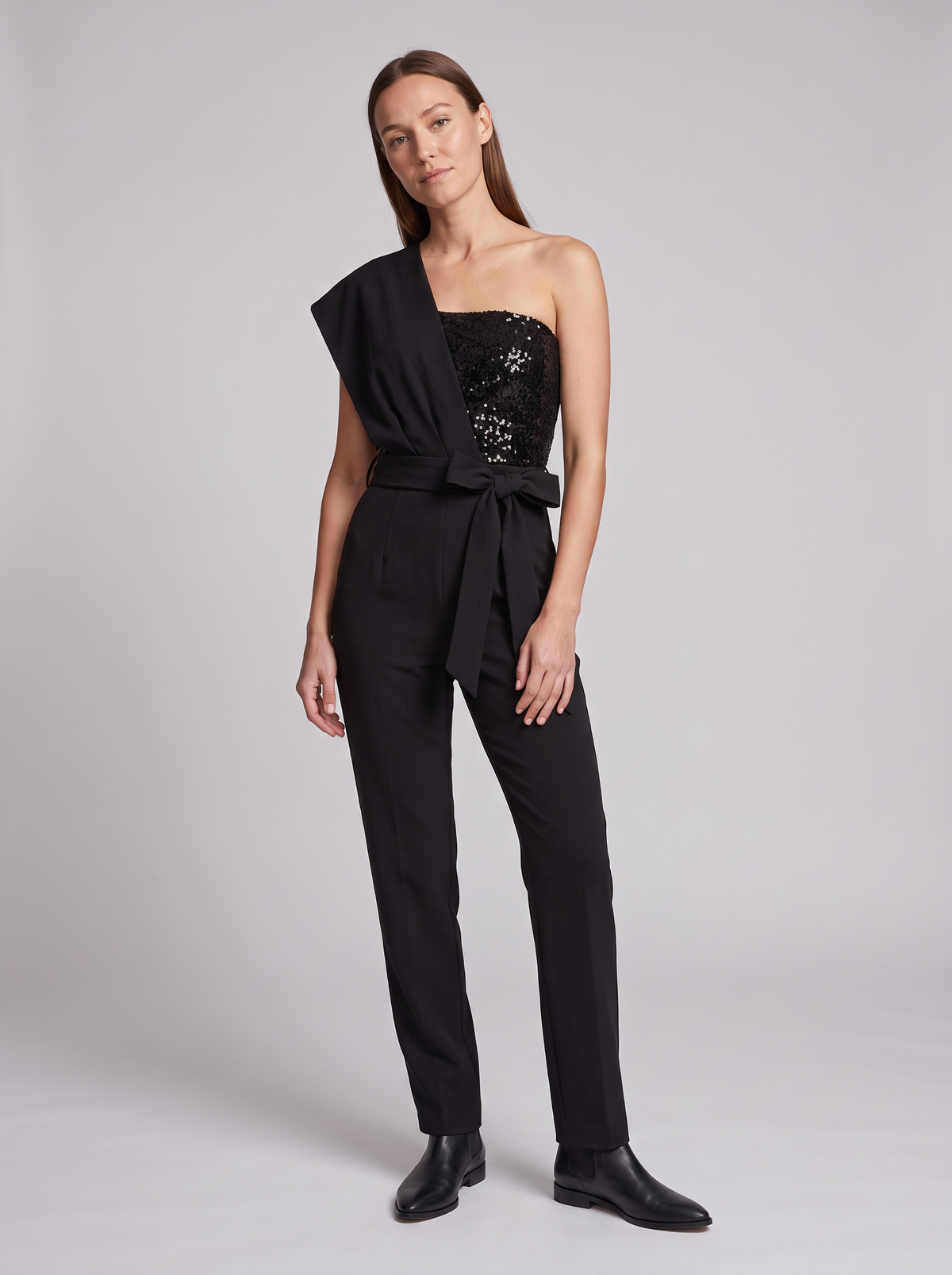 Veronica-Madeline | Women's One-Shoulder Textured Evening Jumpsuit