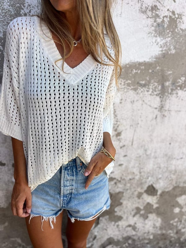Rhea-Lucille | Women's Open-Work Knit V-Neck Top