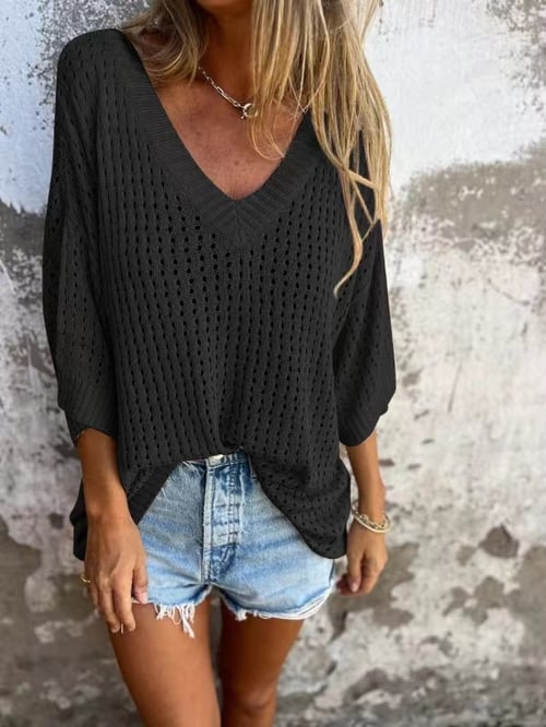 Rhea-Lucille | Women's Open-Work Knit V-Neck Top