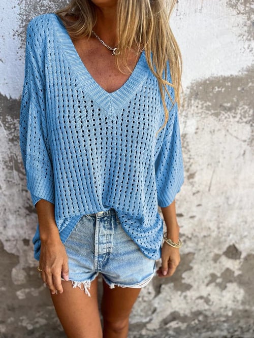 Rhea-Lucille | Women's Open-Work Knit V-Neck Top
