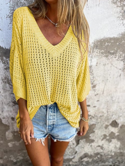 Rhea-Lucille | Women's Open-Work Knit V-Neck Top