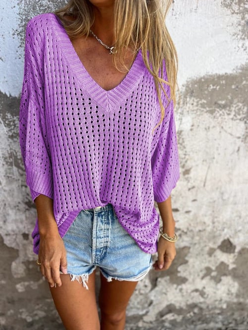 Rhea-Lucille | Women's Open-Work Knit V-Neck Top