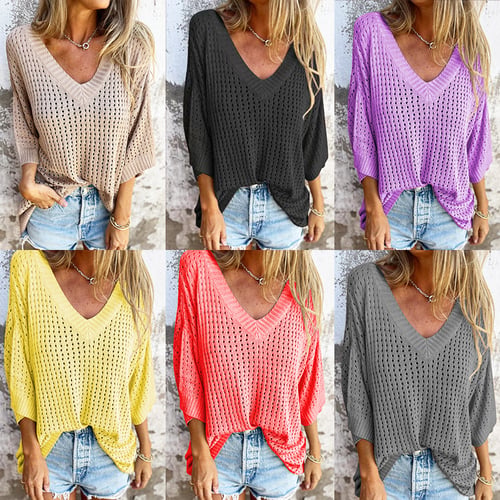 Rhea-Lucille | Women's Open-Work Knit V-Neck Top