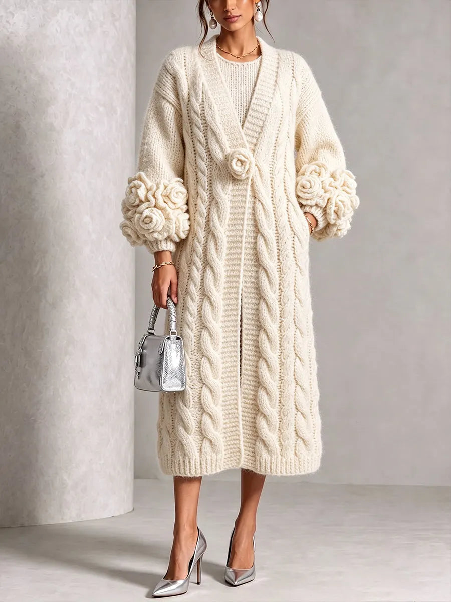Rosemary-Miriam | Women's Oversized Floral-Appliqué Cable-Knit Cardigan Set