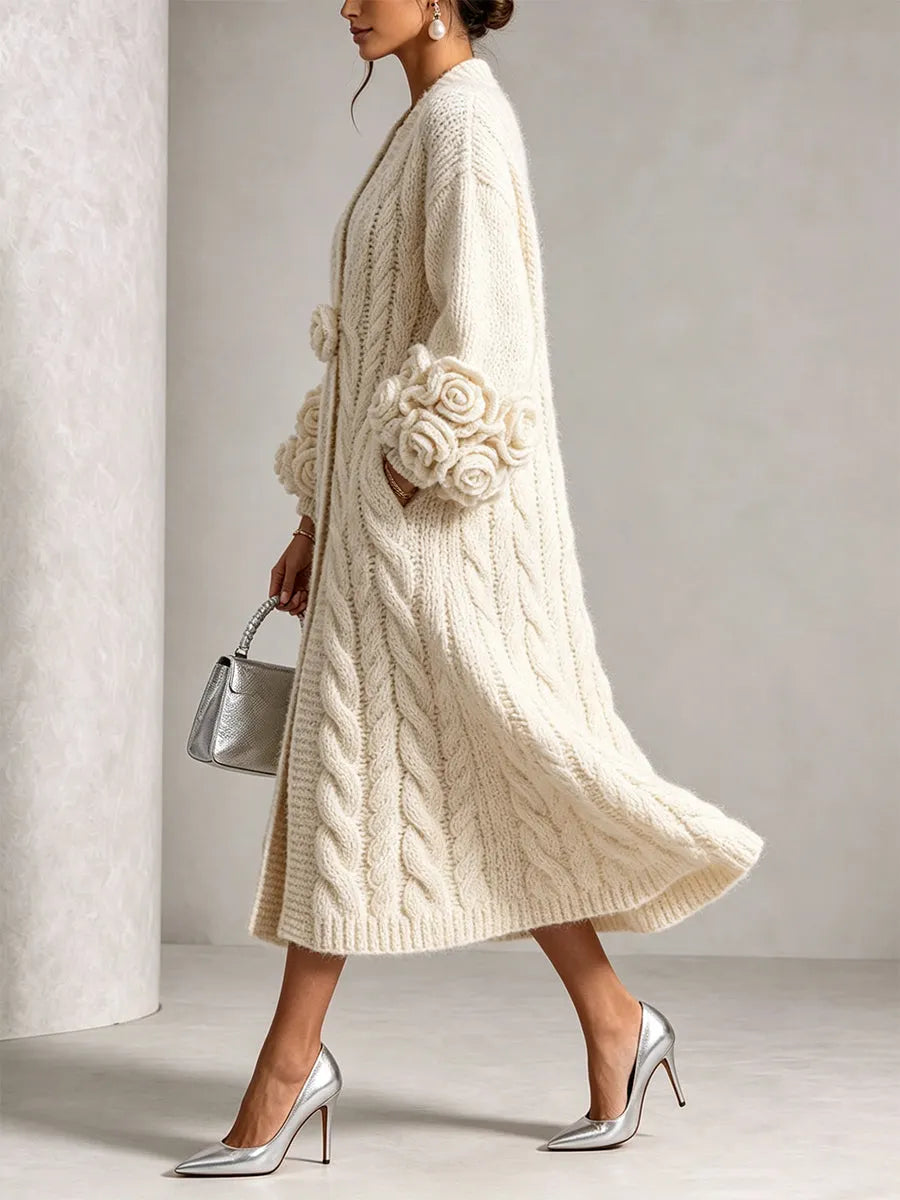 Rosemary-Miriam | Women's Oversized Floral-Appliqué Cable-Knit Cardigan Set