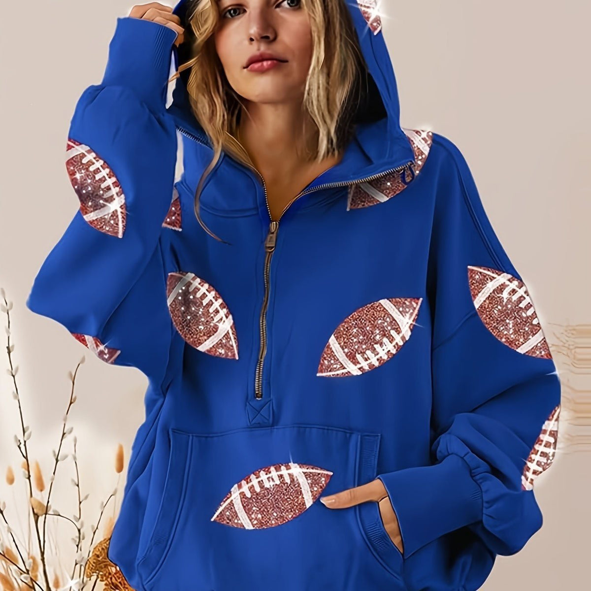 Erna | Women's Oversized Half-Zip Sequin Hoodie