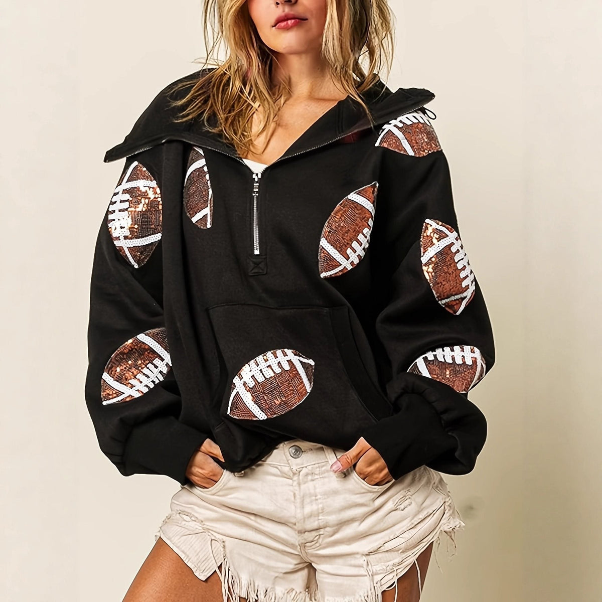 Erna | Women's Oversized Half-Zip Sequin Hoodie