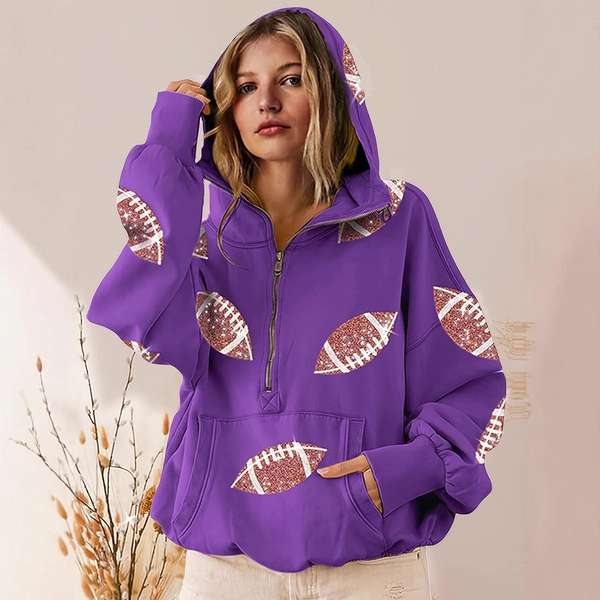 Erna | Women's Oversized Half-Zip Sequin Hoodie