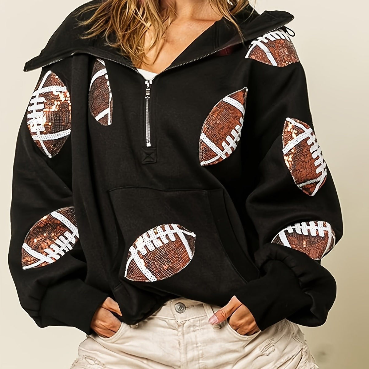 Erna | Women's Oversized Half-Zip Sequin Hoodie