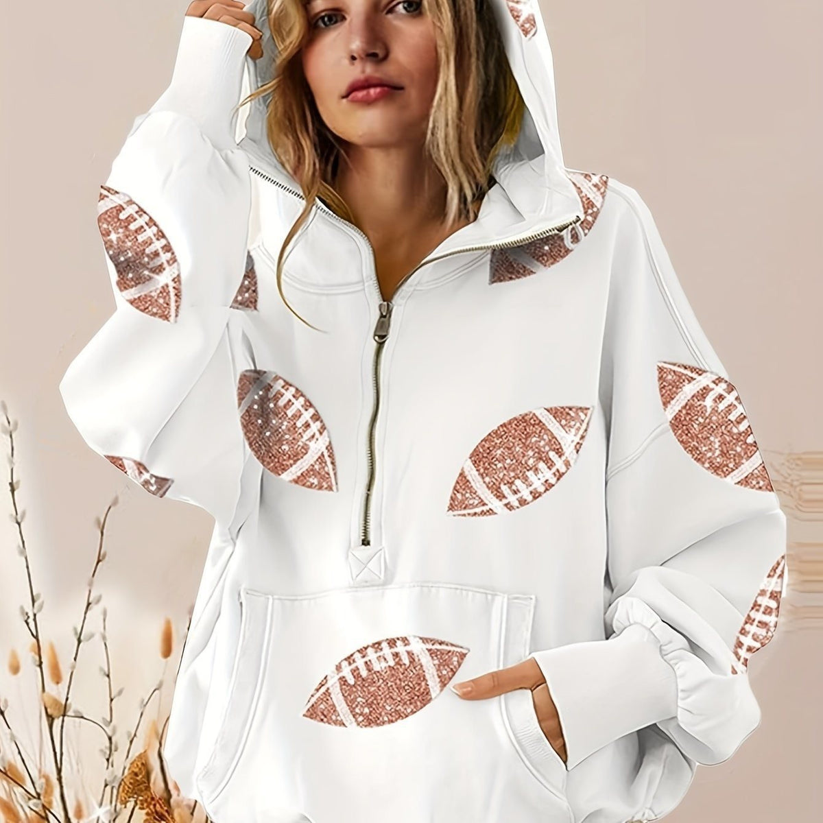 Erna | Women's Oversized Half-Zip Sequin Hoodie