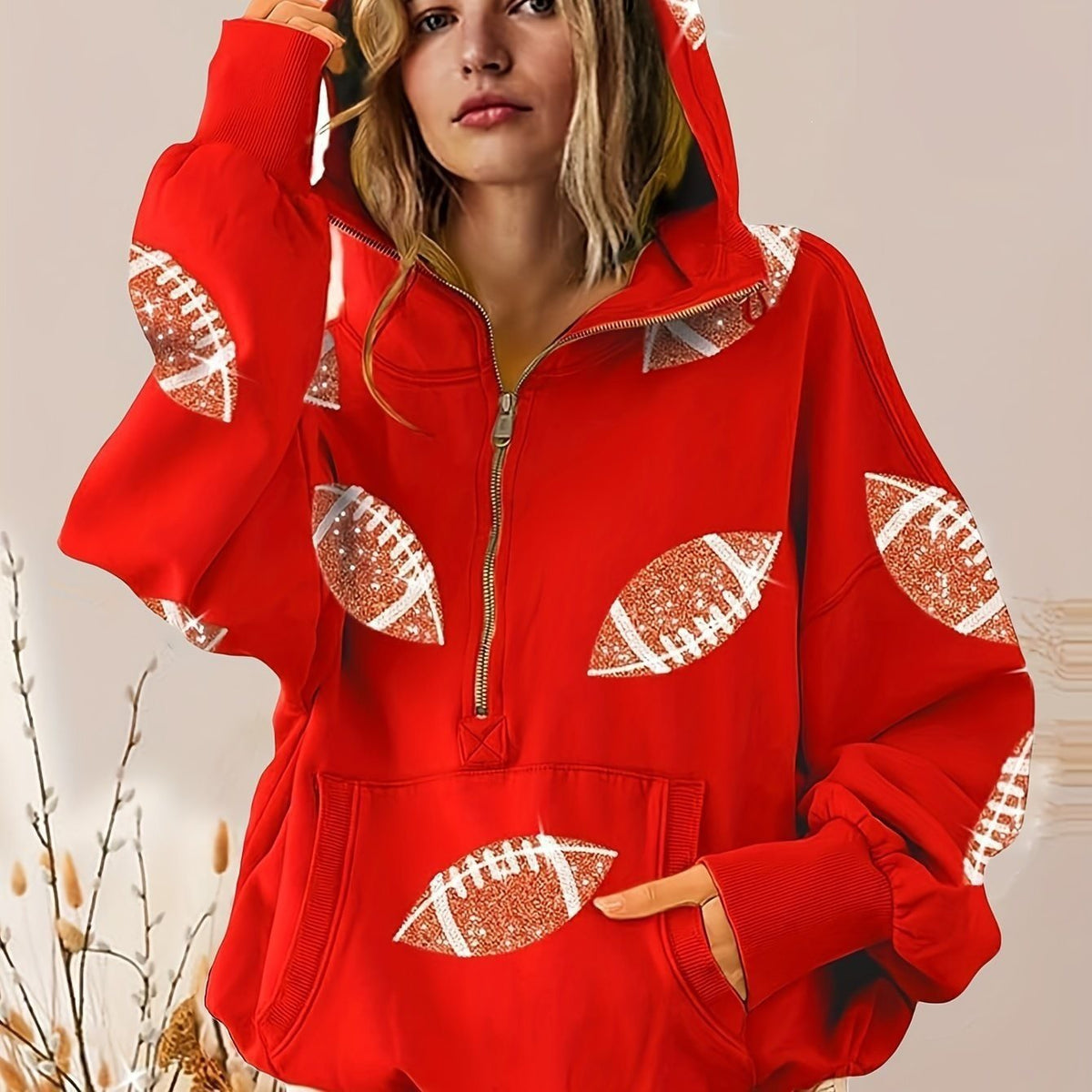 Erna | Women's Oversized Half-Zip Sequin Hoodie