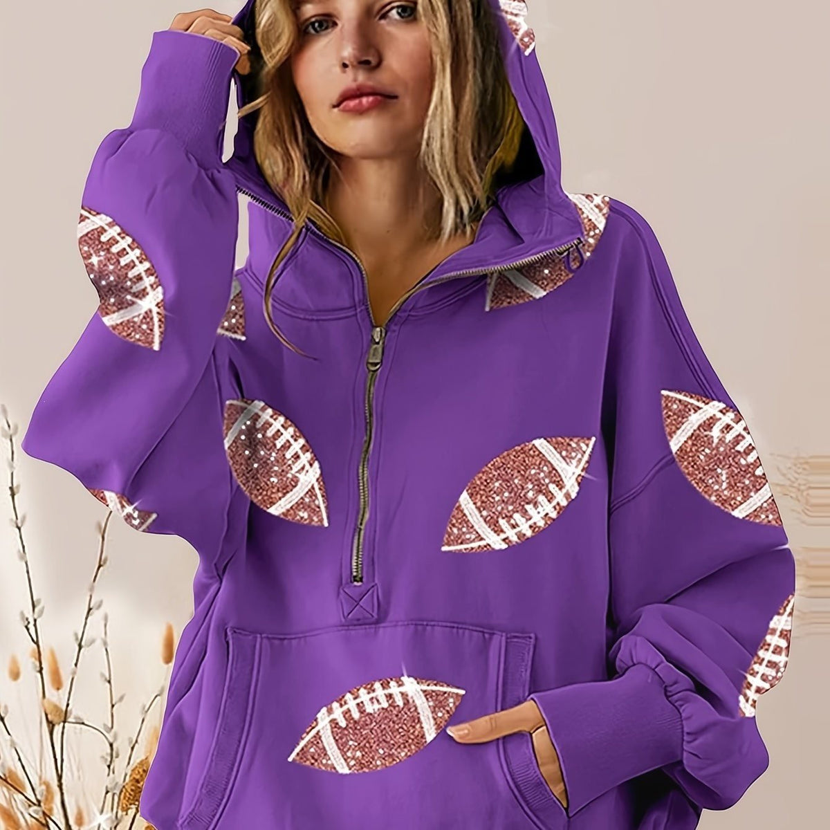 Erna | Women's Oversized Half-Zip Sequin Hoodie