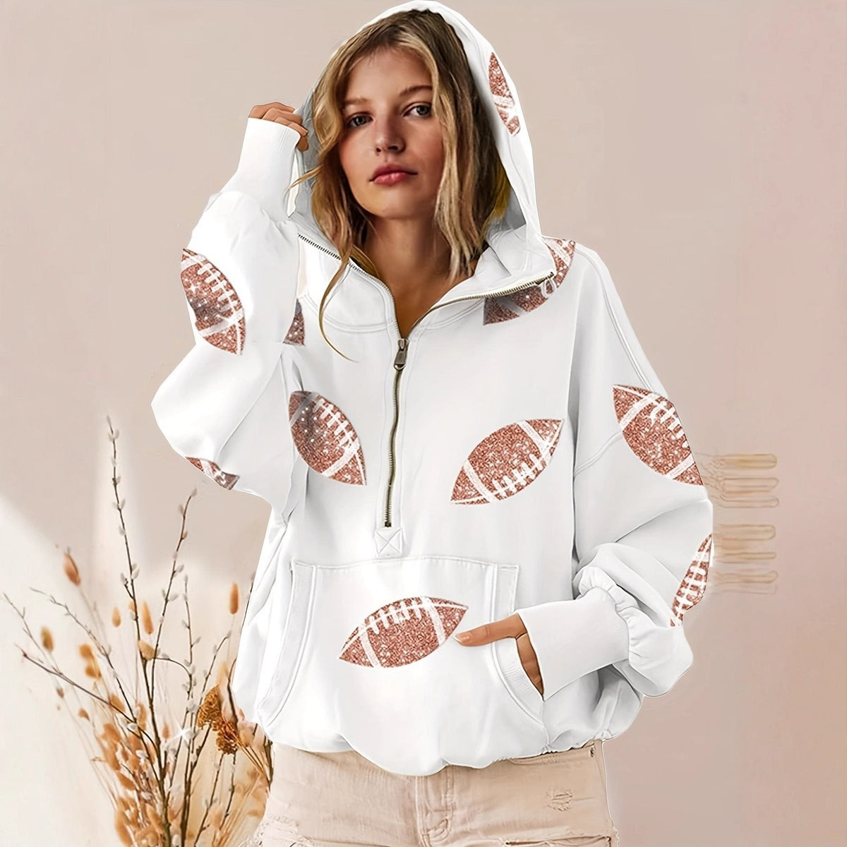 Erna | Women's Oversized Half-Zip Sequin Hoodie