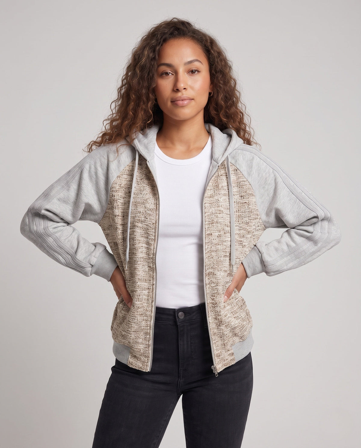 Bridget-Paloma | Women's Oversized Knit Hoodie Bomber with Mélange Front & Raglan Sleeves