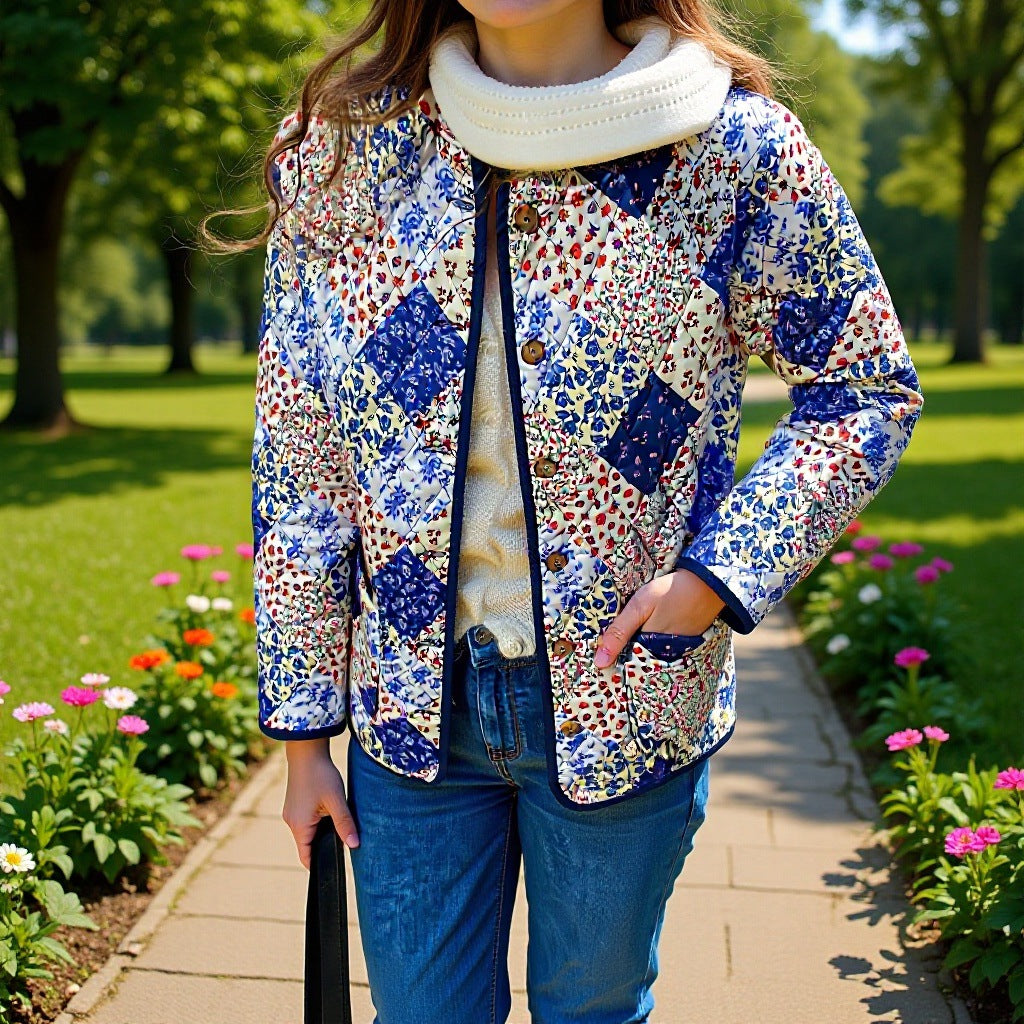 Lavinia-Helena | Women's Patchwork Quilted Coat with Floral Inserts