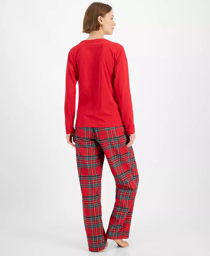 Mavis-Eleanor | Women's Plaid Crewneck Top and Drawstring Pants Pajama Set