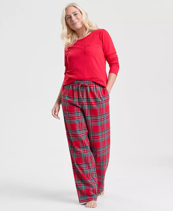 Mavis-Eleanor | Women's Plaid Crewneck Top and Drawstring Pants Pajama Set