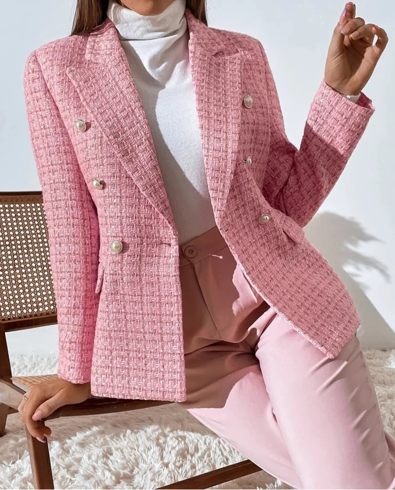 Regina | Women's Plaid Double-Breasted Blazer with Pearl Buttons