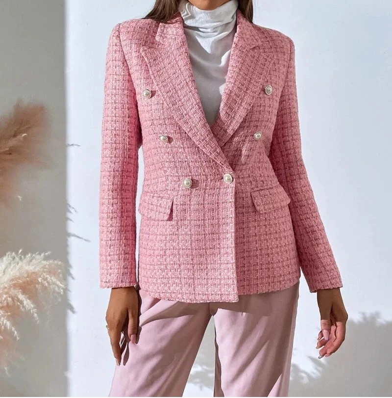 Regina | Women's Plaid Double-Breasted Blazer with Pearl Buttons