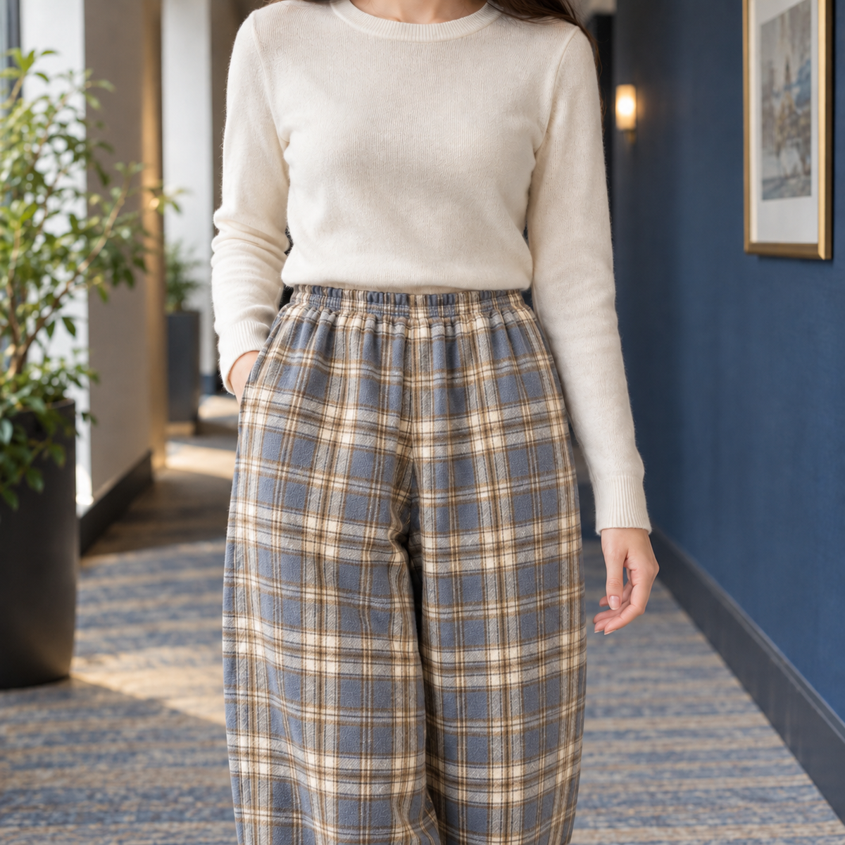 Bernadette | Women's Plaid Fleece-Lined Straight-Leg Lounge Pants