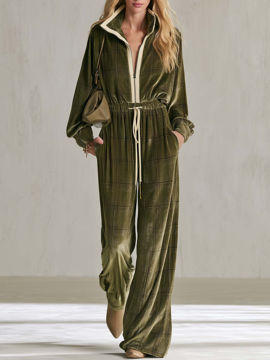 Matilda-Camilla | Women's Plaid Velvet-Feel Wide-Leg Jumpsuit