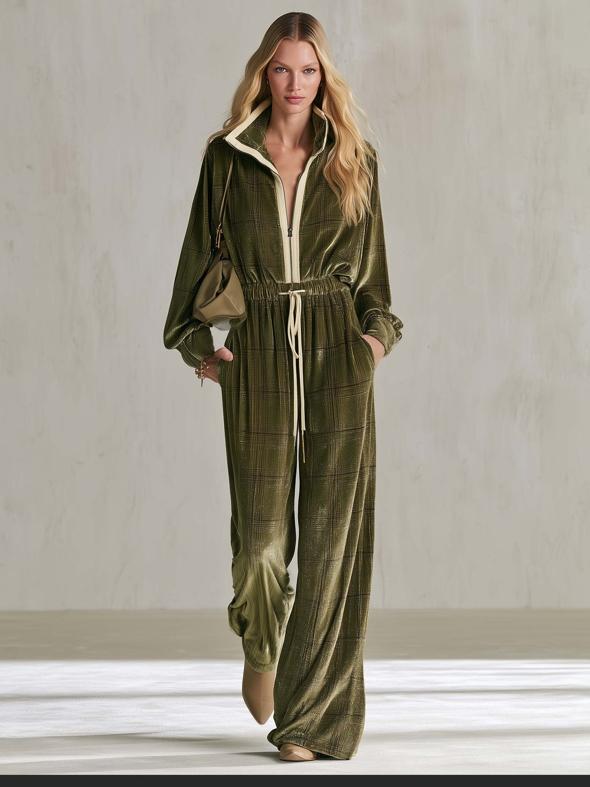 Matilda-Camilla | Women's Plaid Velvet-Feel Wide-Leg Jumpsuit