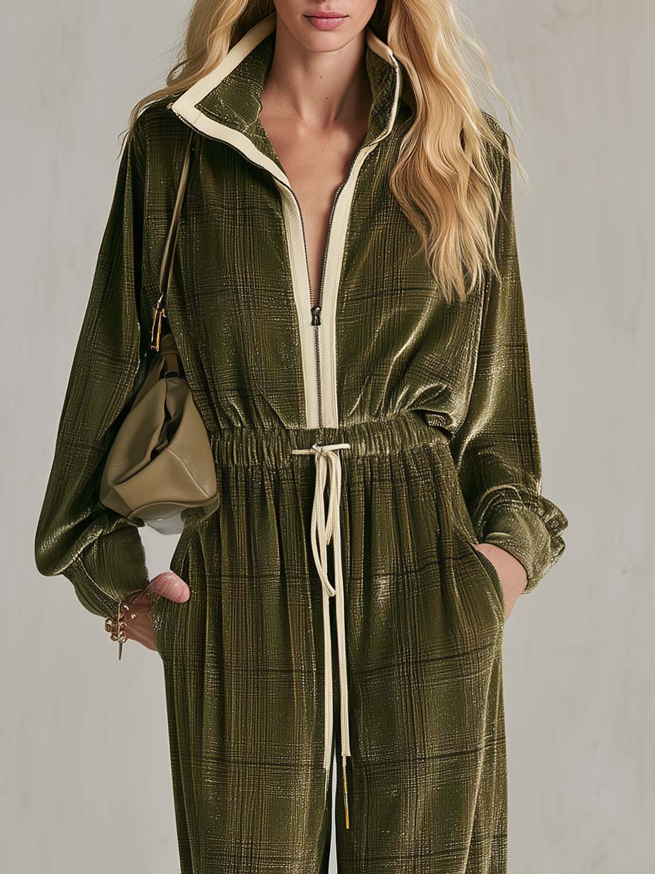 Matilda-Camilla | Women's Plaid Velvet-Feel Wide-Leg Jumpsuit