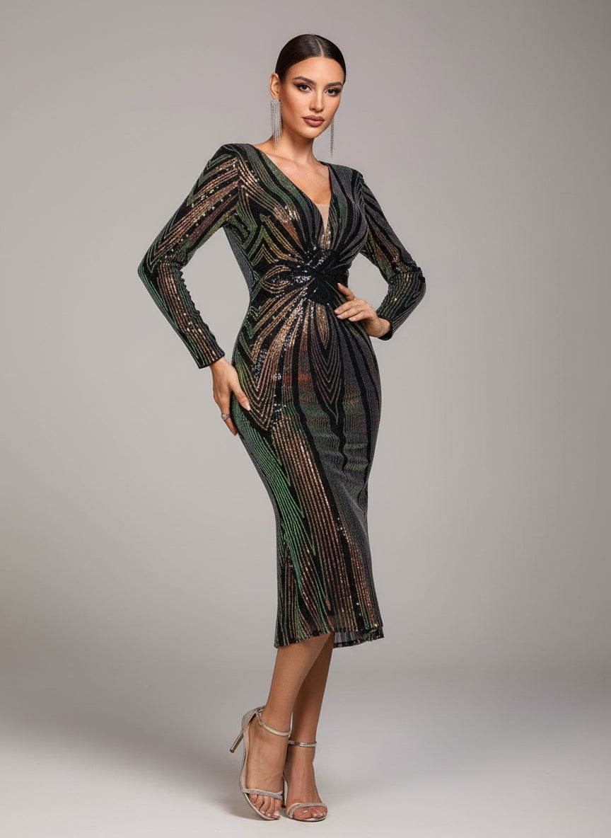 Yvonne | Women's Plunging V-Neck Sequin Bodycon Midi Dress