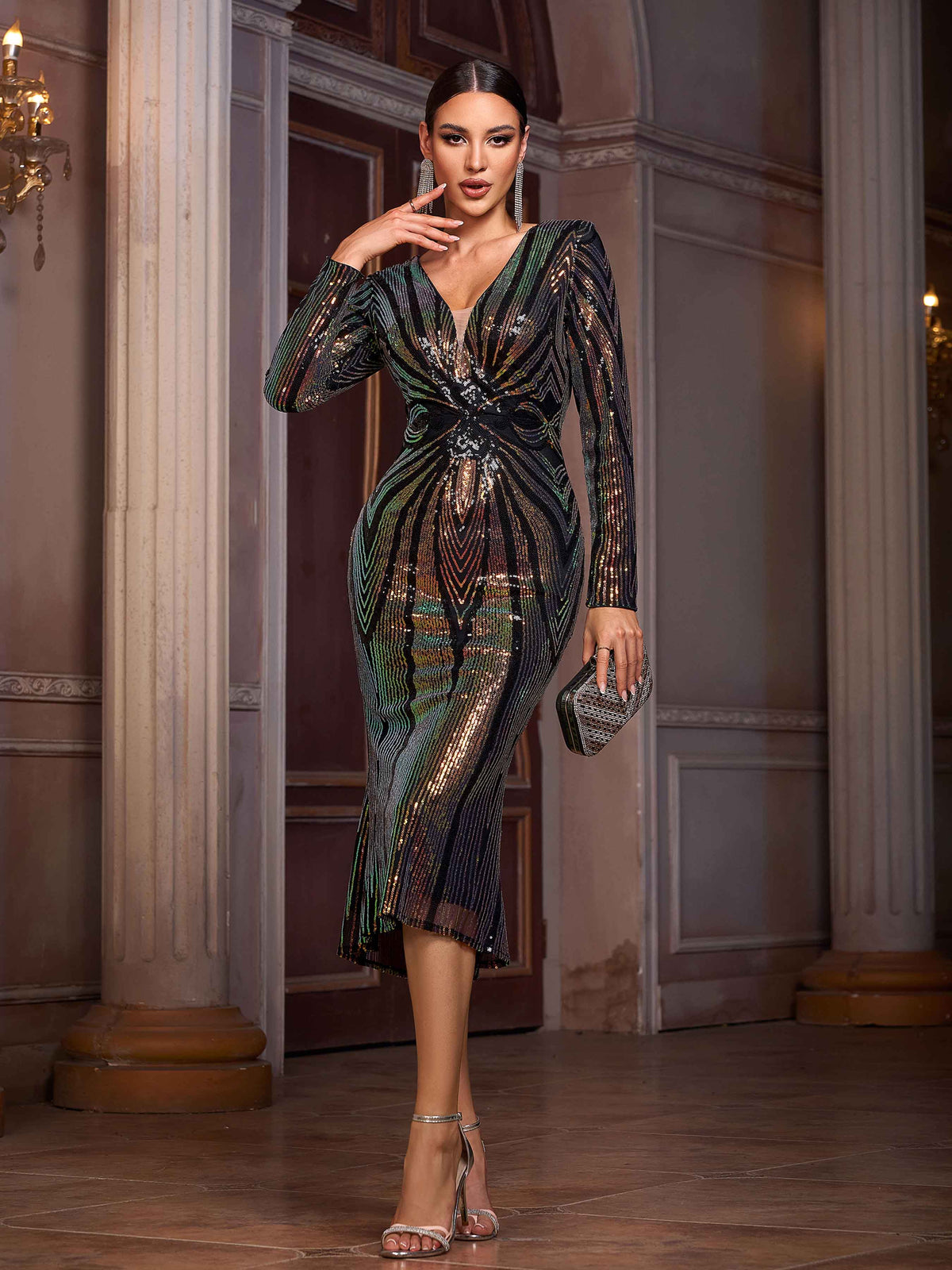 Yvonne | Women's Plunging V-Neck Sequin Bodycon Midi Dress