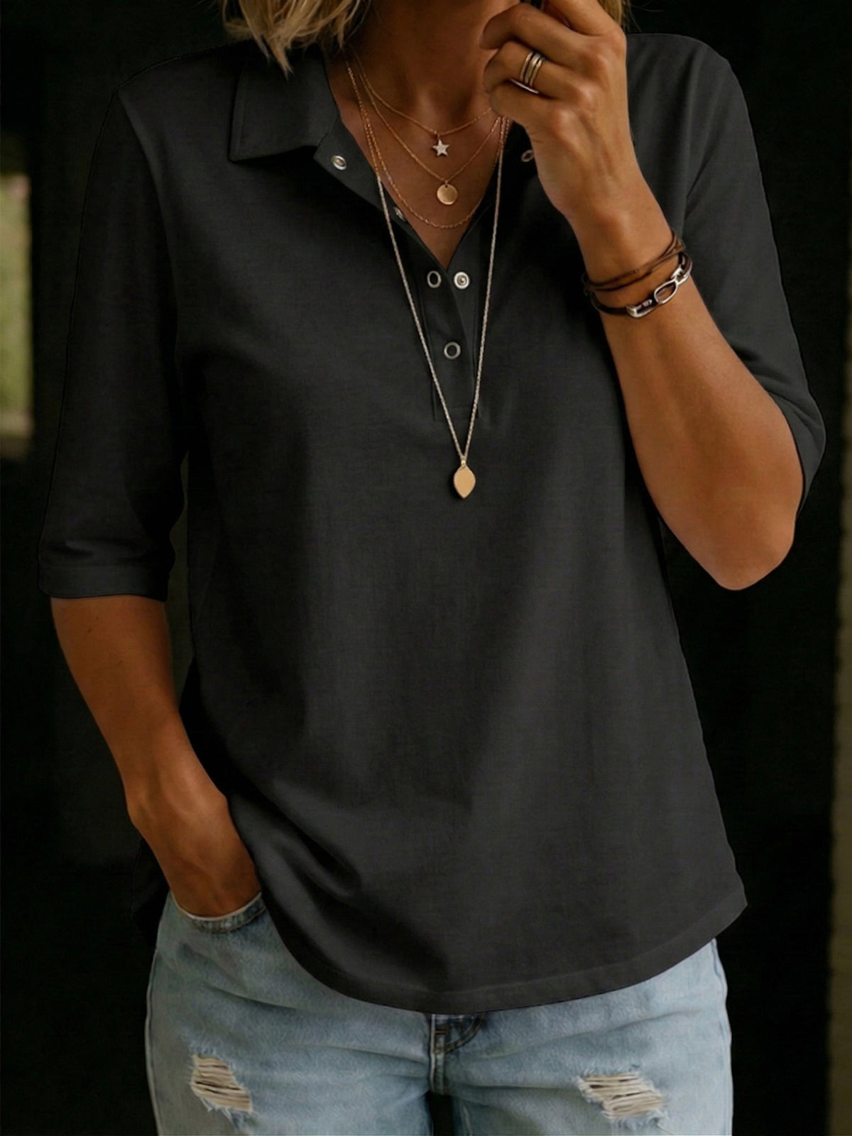 Judith-Celeste | Women's Polo Collar Cotton Henley Top