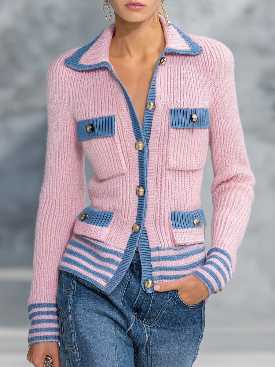 Evelina-Selma | Women's Preppy Knit Cardigan with Contrast Trim