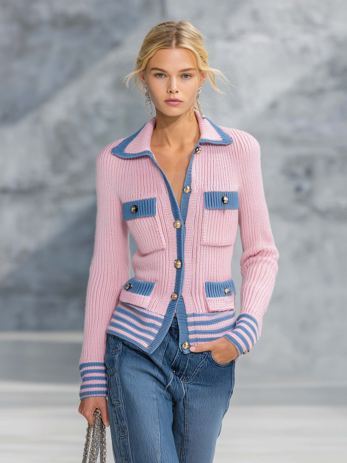 Evelina-Selma | Women's Preppy Knit Cardigan with Contrast Trim