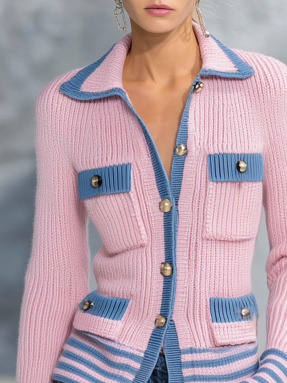 Evelina-Selma | Women's Preppy Knit Cardigan with Contrast Trim