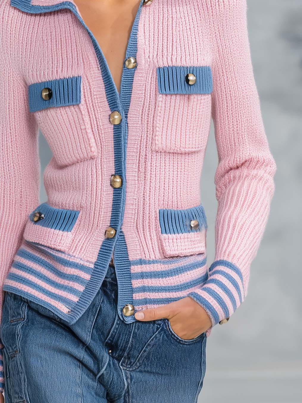 Evelina-Selma | Women's Preppy Knit Cardigan with Contrast Trim
