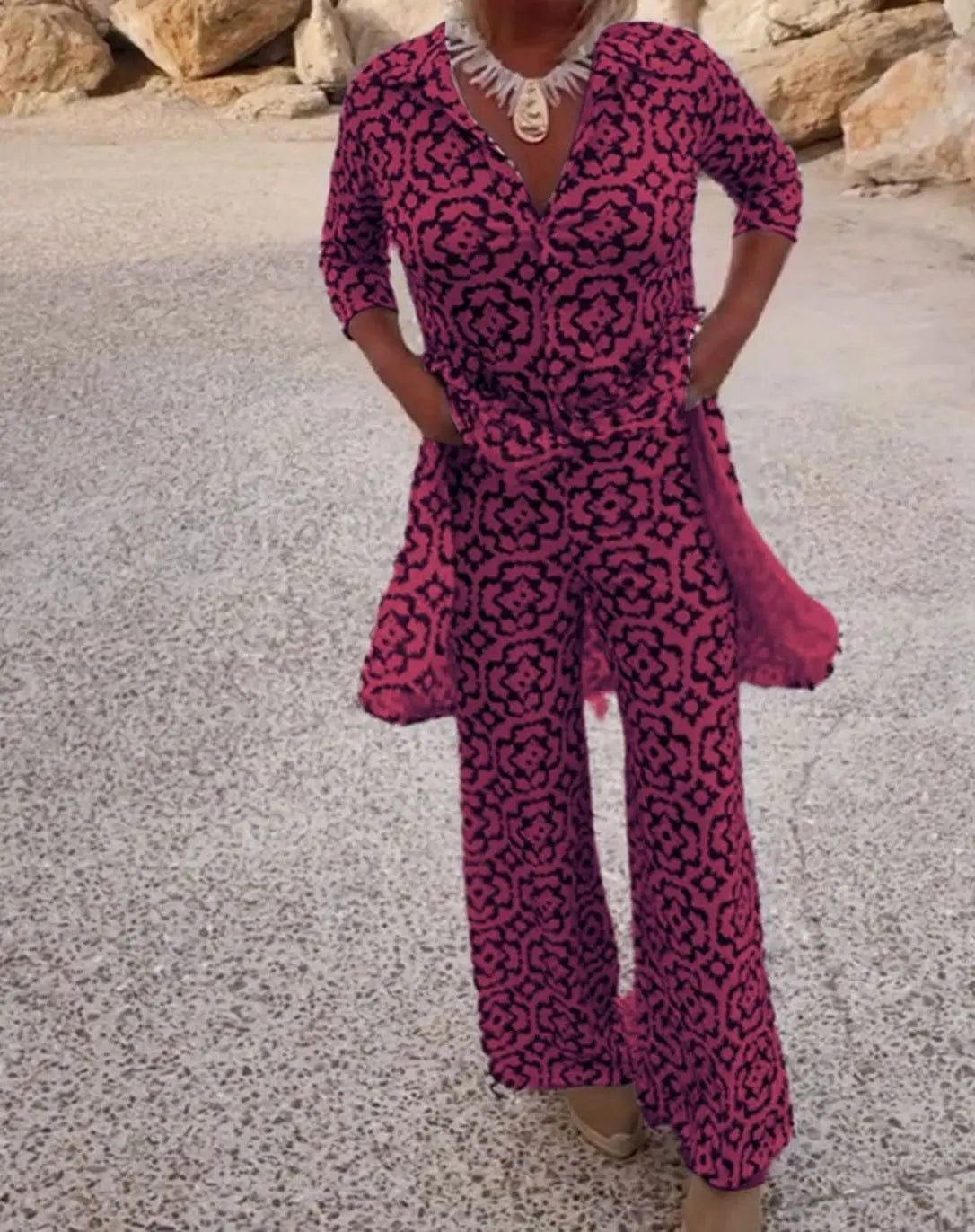 Esther-Patricia | Women's Printed Two-Piece Blouse & Trouser Set