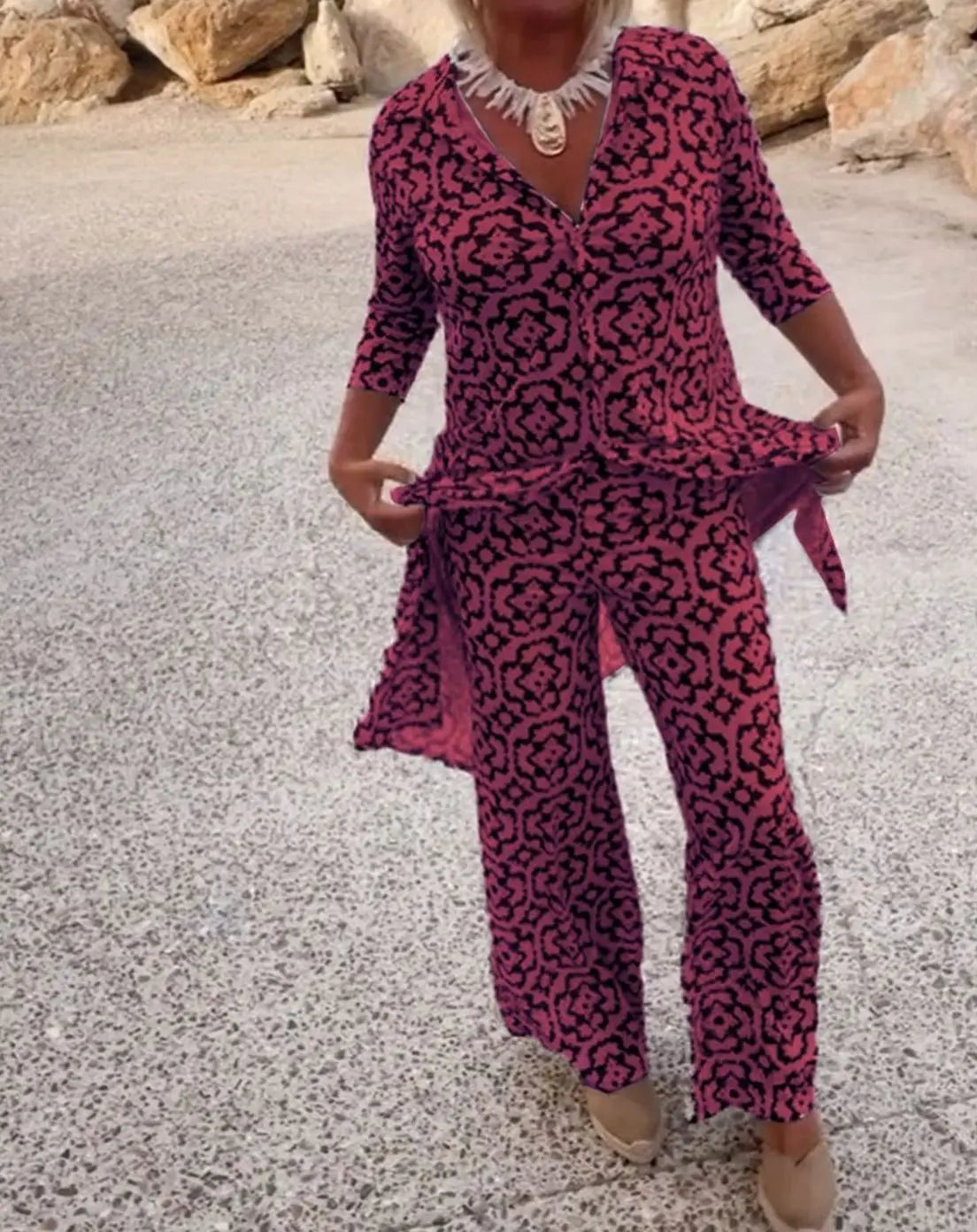 Esther-Patricia | Women's Printed Two-Piece Blouse & Trouser Set