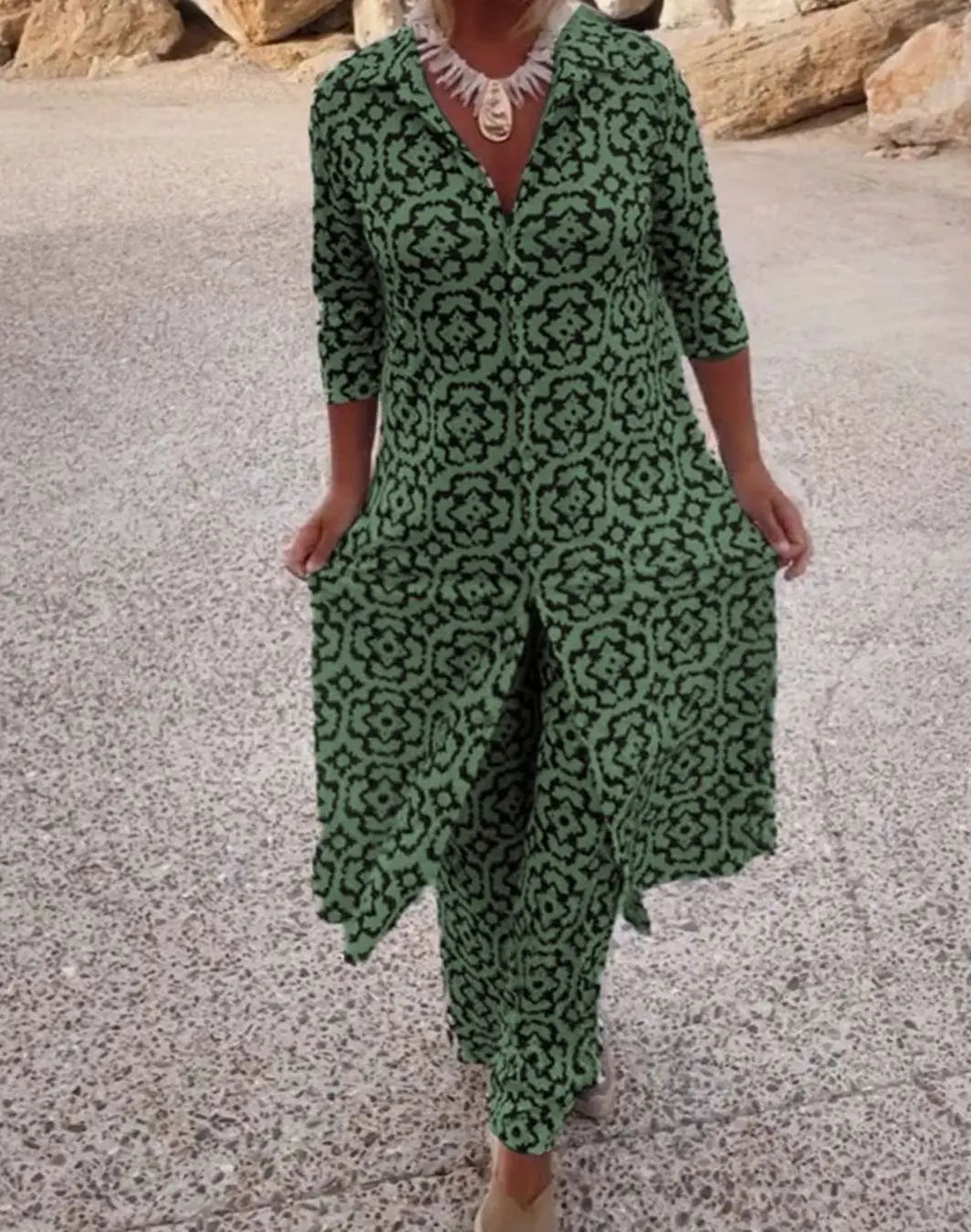 Esther-Patricia | Women's Printed Two-Piece Blouse & Trouser Set