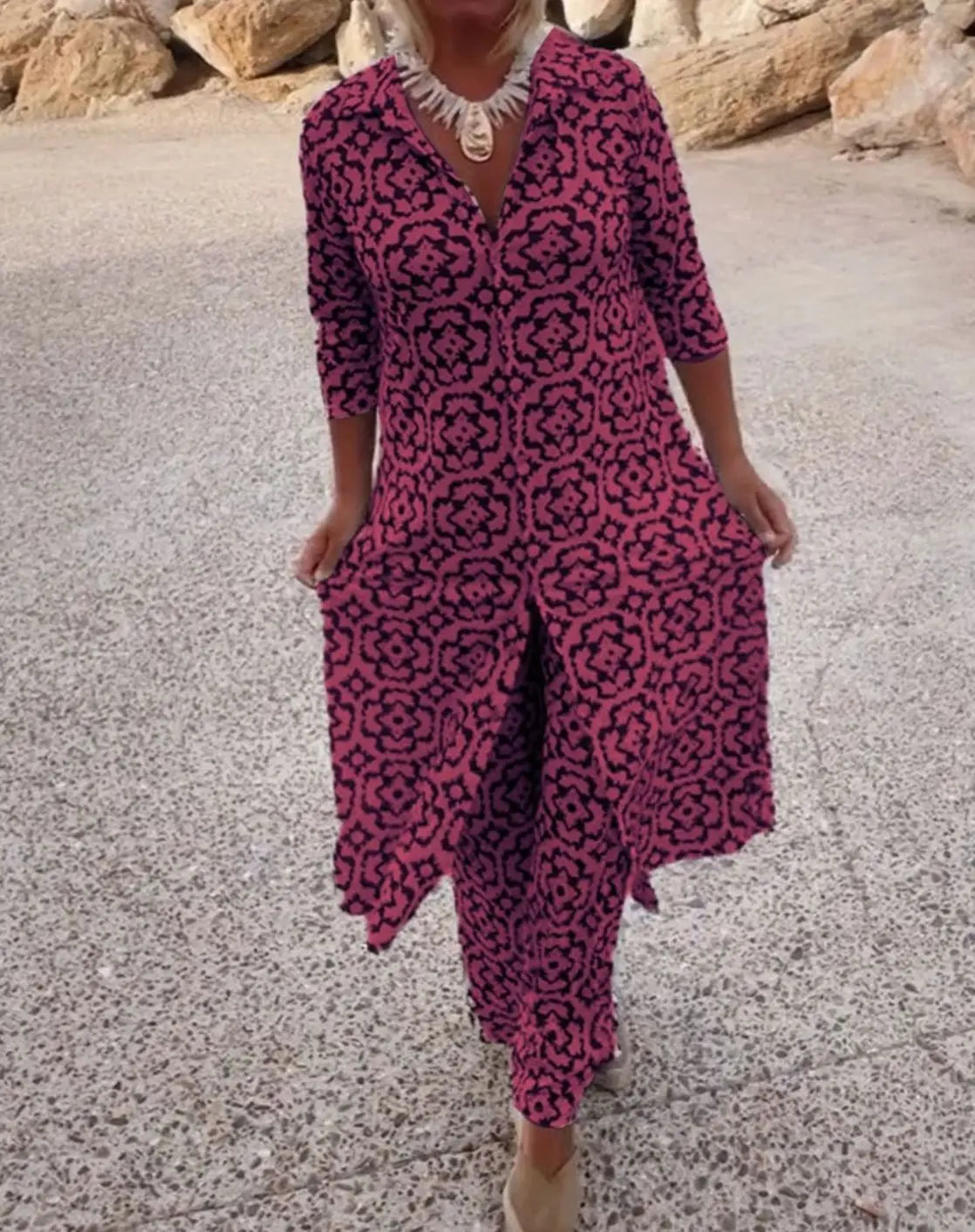 Esther-Patricia | Women's Printed Two-Piece Blouse & Trouser Set