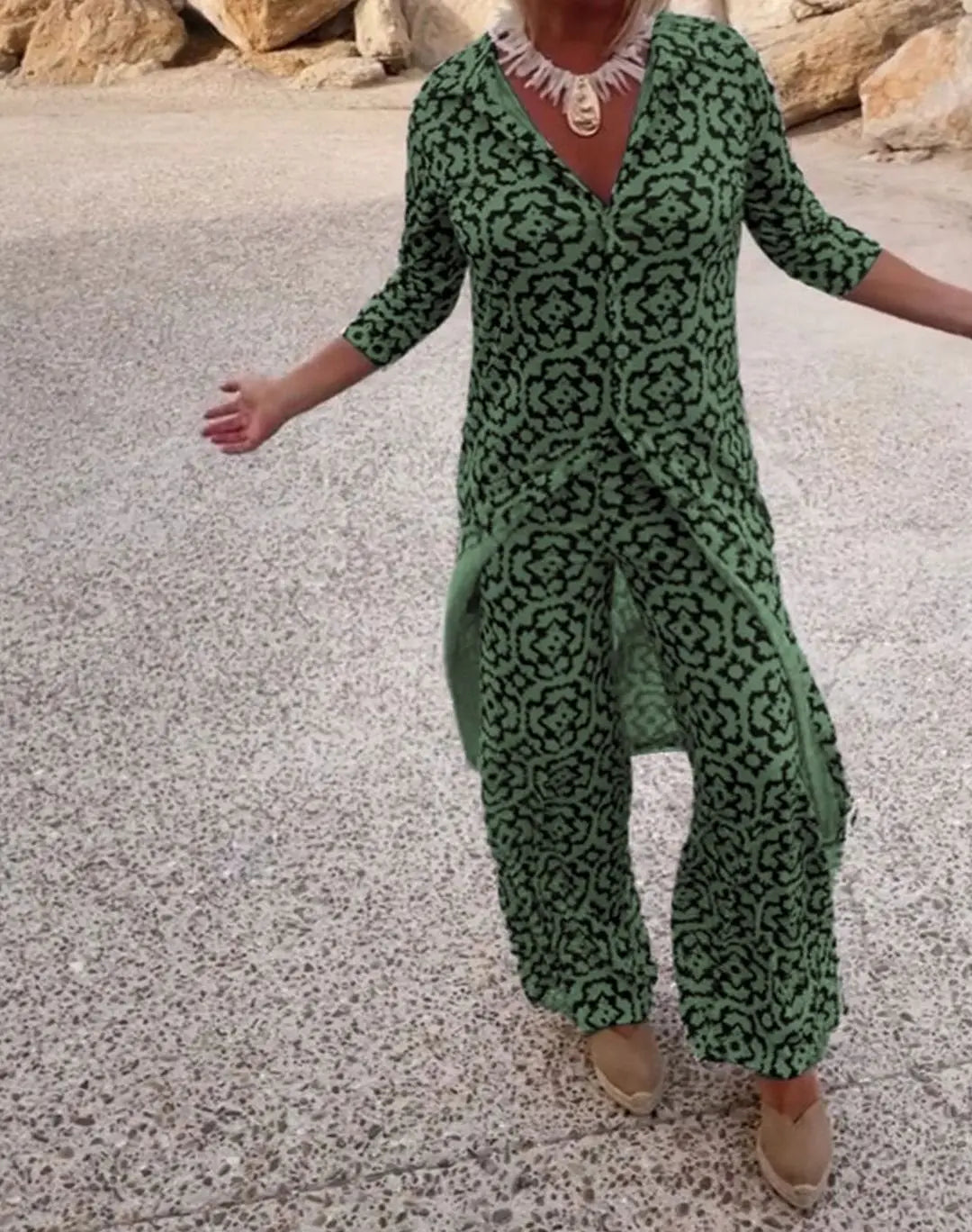 Esther-Patricia | Women's Printed Two-Piece Blouse & Trouser Set