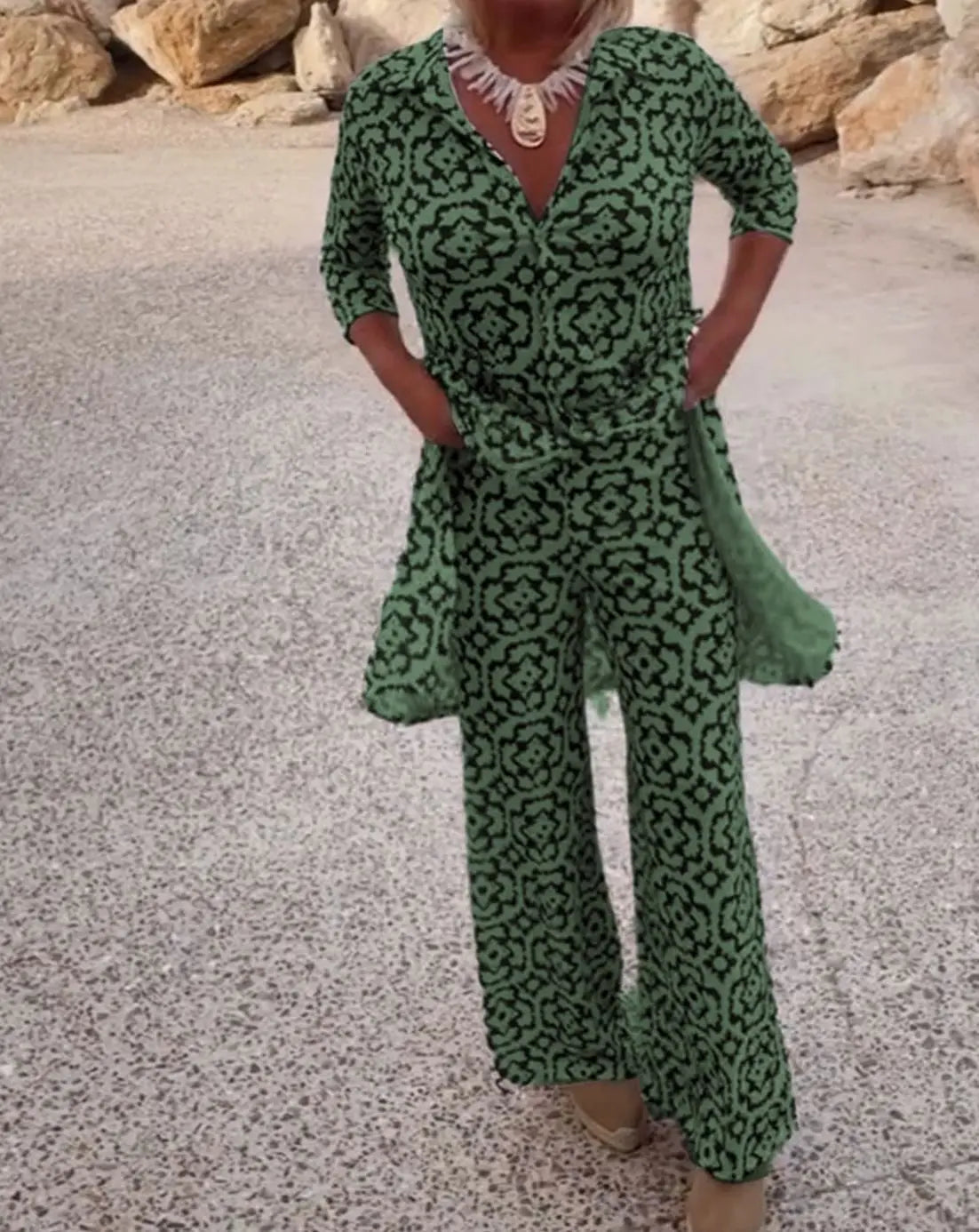 Esther-Patricia | Women's Printed Two-Piece Blouse & Trouser Set