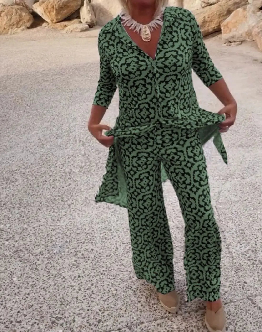 Esther-Patricia | Women's Printed Two-Piece Blouse & Trouser Set