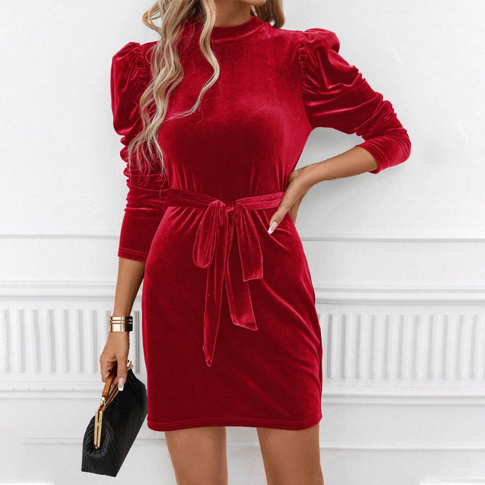 Katharine-Gilda | Women's Puff-Sleeve Velvet Mini Dress with Tie Belt