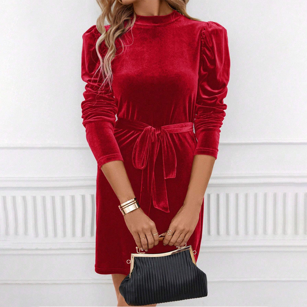 Katharine-Gilda | Women's Puff-Sleeve Velvet Mini Dress with Tie Belt