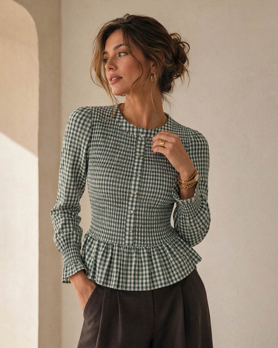 Dorothea | Women's Puffed-Sleeve Shirred Plaid Blouse