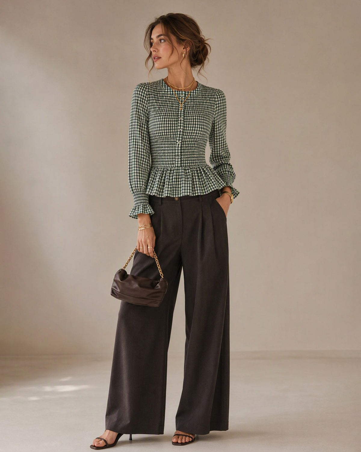 Dorothea | Women's Puffed-Sleeve Shirred Plaid Blouse